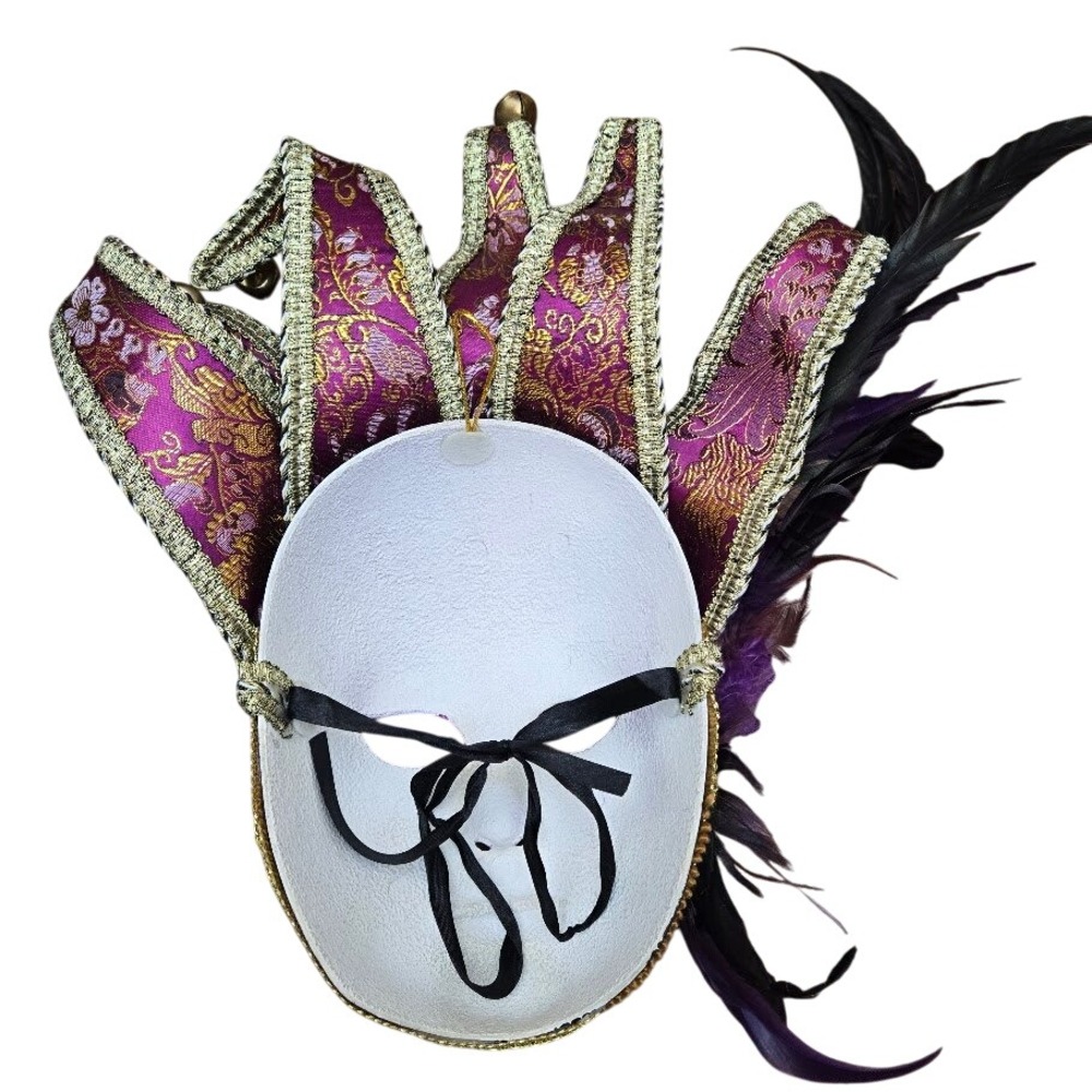 Full Face Venetian Jester Mardi Gra Masks Purple and Gold Brocade - Picture 7 of 9